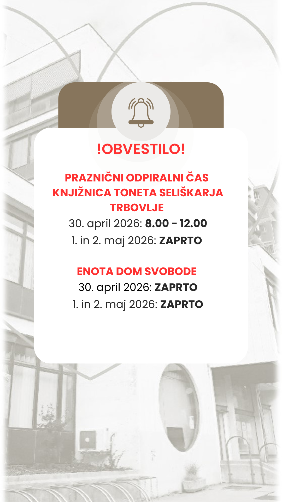 Odpiralni čas knjižnice med prvomajskimi prazniki