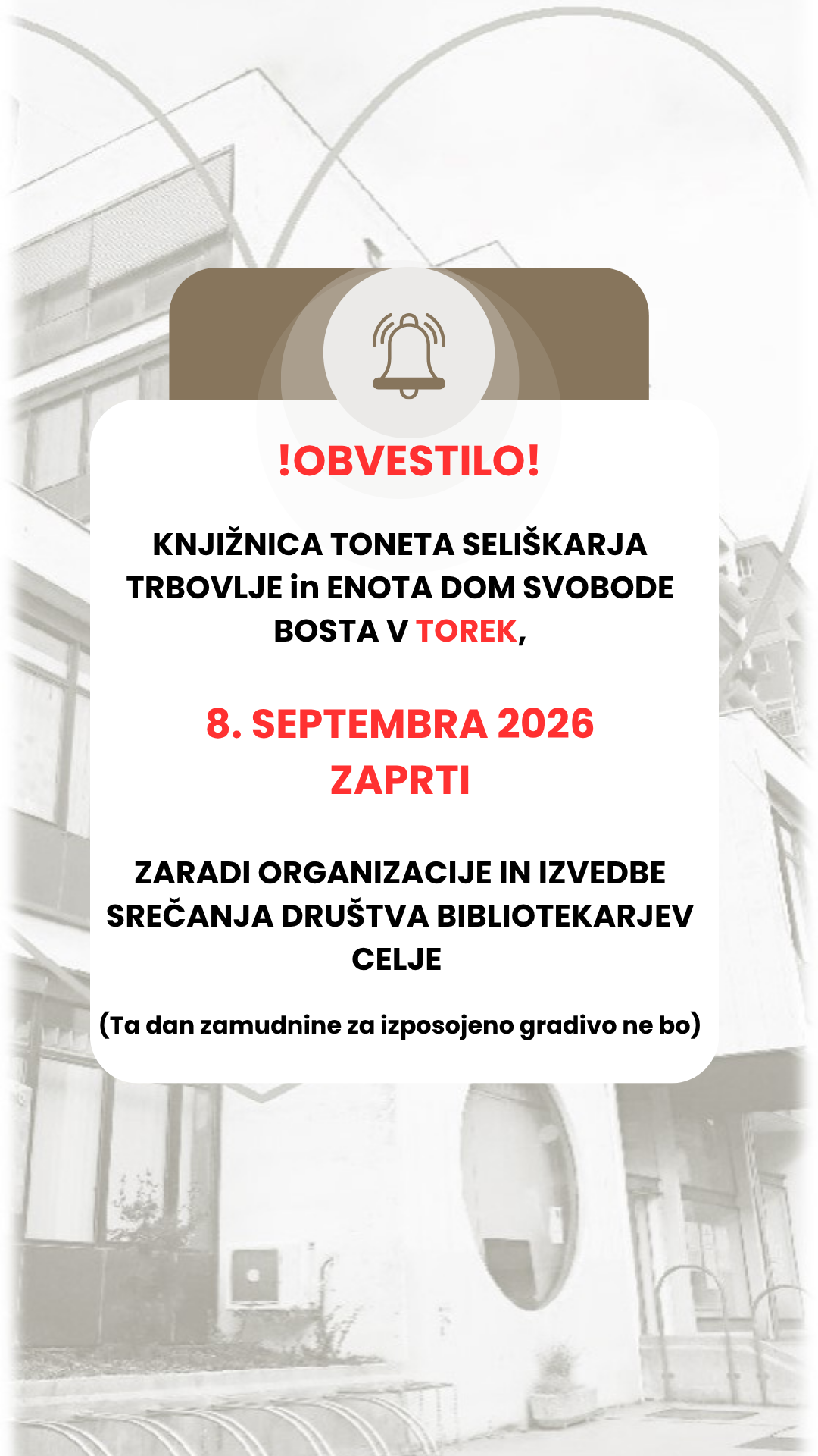Obvestilo o zaprtju knjižnice 8. 9. zaradi organizacije srečanja DBC